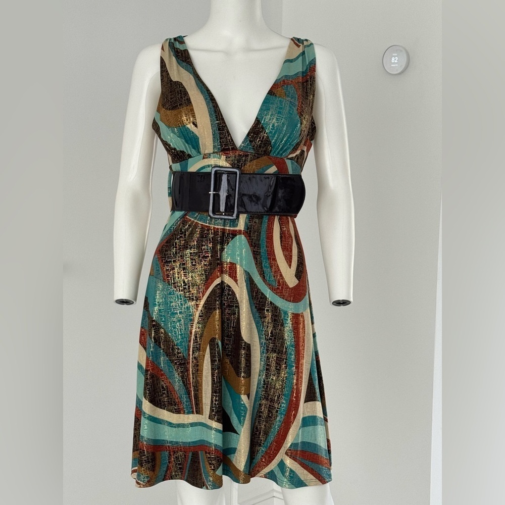 Y2K Vintage XOXO Abstract Print Belted V-Neck Dress Built In Bra S